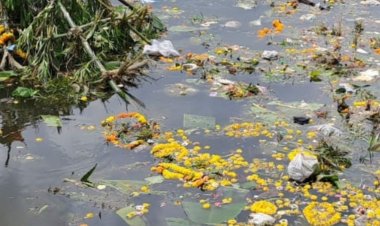 हरितालिका तीज विसर्जन के बाद तालाब की नहीं हुई सफाई:अमृत योजना के तहत तालाब का होना है सौंदर्यीकरण, मठ तालाब में भरी विसर्जित की गई सामग्री